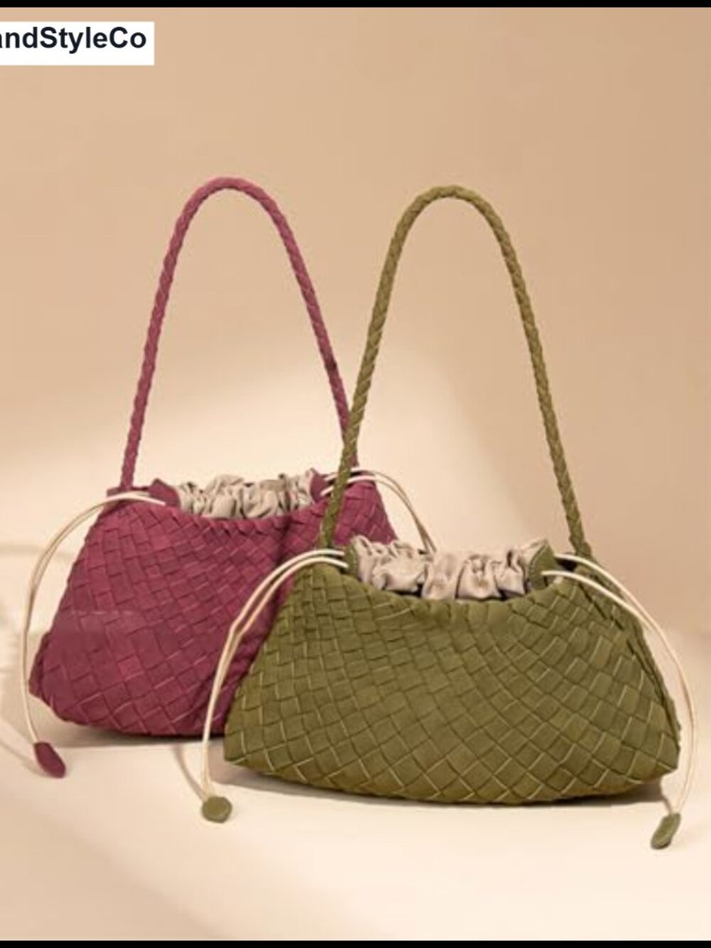 Woven Suede Hobo Shoulder Bag PU Leather Slouchy Tote Purse - Picture 5 of 6